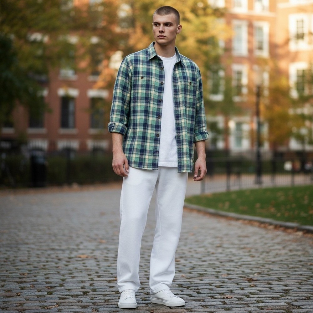 Duluth Trading Co Flannel Shirt L Green Blue Plaid Cotton Button Gorpcore